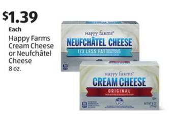 Aldi Happy farms cream cheese or neufchâtel cheese offer