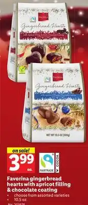 Lidl Favorina gingerbread hearts with apricot filling & chocolate coating offer