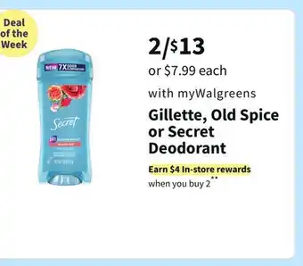 Walgreens Gillette, old spice or secret deodorant offer