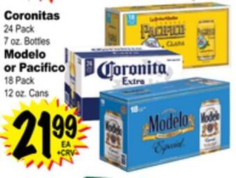 Superior Grocers Coronitas 24 pack 7 oz. bottles modelo or pacifico 18 pack 12 oz. cans offer