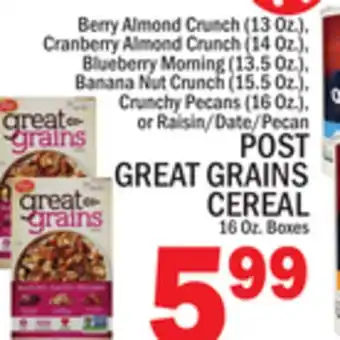 C Town Post great grains cereal 16 oz. boxes offer