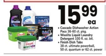 ACME Cascade dishwasher action pacs 36-60 ct. pkg., woolite liquid laundry detergent 100 fl. oz. btl. finish dish tabs 38 ct. ulti offer
