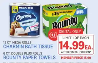 Kings Food Markets 6 ct. double plus rolls bounty paper towels 12 ct. mega rolls charmin bath tissue offer