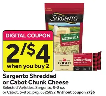 Stop&Shop Sargento shredded or cabot chunk cheese offer