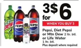 ACME Pepsi, diet pepsi or mtn dew 2 ltr. btl. or life water 1 ltr. btl offer