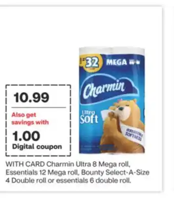 CVS Charmin ultra 8 mega roll, essentials 12 mega roll, bounty select-a-size 4 double roll or essentials 6 double roll offer