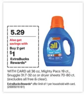 CVS All 36 oz, mighty pacs 19 ct., snuggle 31.7-32 oz or dryer sheets 70-80 ct offer