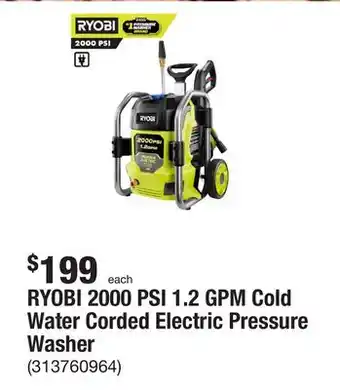 The Home Depot Ryobi 2000 psi 1.2 gpm cold water corded electric pressure washer offer