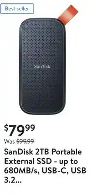 Walmart Sandisk 2tb portable external ssd - up to 680mb/s, usb-c, usb 3.2 gen 2 - sdssde29-2t00-aw25 offer