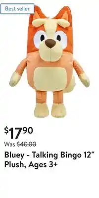 Walmart Bluey - talking bingo 12 plush, ages 3+ offer
