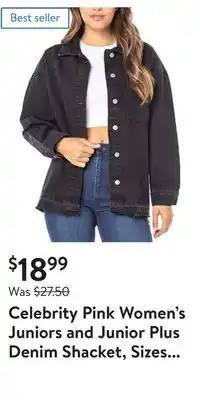 Walmart Celebrity pink women's juniors and junior plus denim shacket, sizes xs-3x offer
