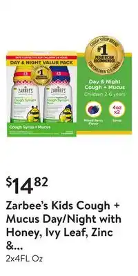 Walmart Zarbee's kids cough + mucus day/night with honey, ivy leaf, zinc & elderberry, mixed berry offer