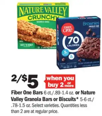 Meijer Fiber one bars 6 ct./.89-1.4 oz. or nature valley granola bars or biscuits* 5-6 ct./ .78-1.5 oz offer
