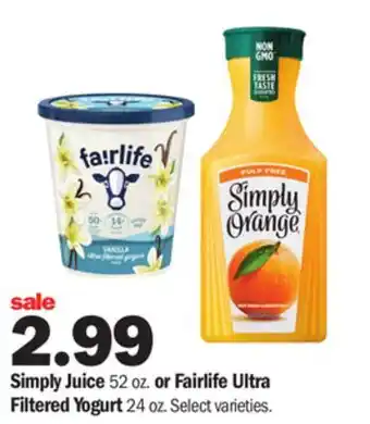 Meijer Simply juice 52 oz. or fairlife ultra filtered yogurt 24 oz offer