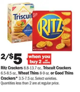 Meijer Ritz crackers 8.8-13.7 oz., triscuit crackers 6.5-8.5 oz., wheat thins 8-9 oz. or good thins crackers* 3.5-7.5 oz offer