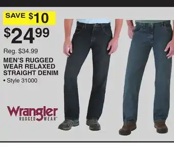 Dunham's Sports Wrangler men's rugged wear relaxed straight denim offer