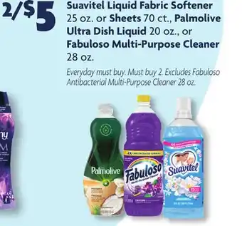 Family Dollar Suavitel liquid fabric softener 25 oz. or sheets 70 ct., palmolive ultra dish liquid 20 oz., or fabuloso multi-purpose cleane offer