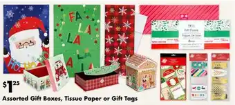 Dollar Tree Assorted gift boxes, tissue paper or gift tags offer