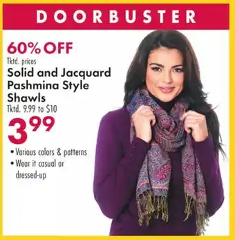 Boscov's Solid and jacquard pashmina style shawls offer
