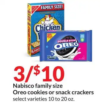 Hy-Vee Nabisco family size oreo cookies or snack crackers offer