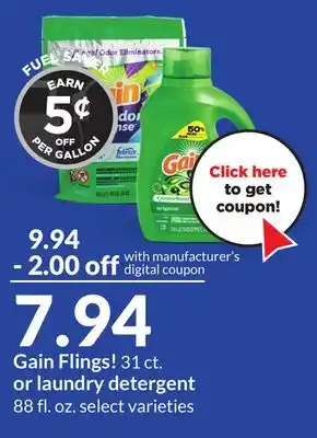 Hy-Vee Gain flings! 31 ct. or laundry detergent 88 fl. oz offer