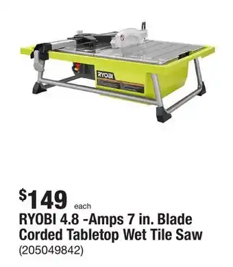 The Home Depot Ryobi 4.8 -amps 7 in. blade corded tabletop wet tile saw offer