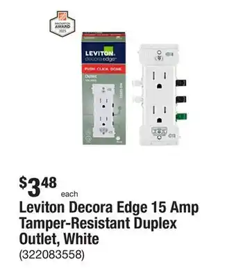 The Home Depot Leviton decora edge 15 amp tamper-resistant duplex outlet, white offer