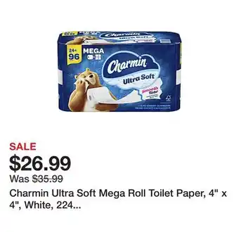 Office Depot Charmin ultra soft mega roll toilet paper, 4 x 4, white, 224 sheets per roll, pack of 24 rolls offer