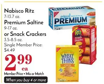 Pavilions Nabisco ritz 7-13.7 oz. premium saltine 9-17 oz. or snack crackers 3.5-8.5 oz offer