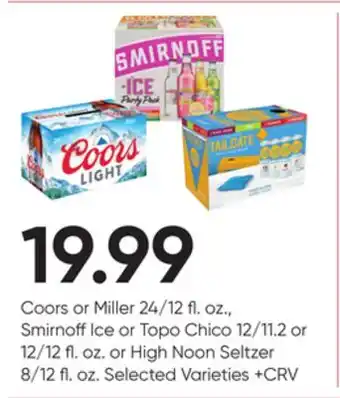 Stater Bros Coors or miller 24/12 fl. oz., smirnoff ice or topo chico 12/11.2 or 12/12 fl. oz. or high noon seltzer 8/12 fl. oz offer