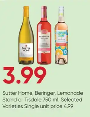 Stater Bros Sutter home, beringer, lemonade stand or tisdale offer