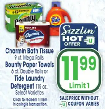 Jewel-Osco Charmin bath tissue 9 ct. mega rolls, bounty paper towels 6 ct. double rolls or tide laundry detergent 115 oz offer