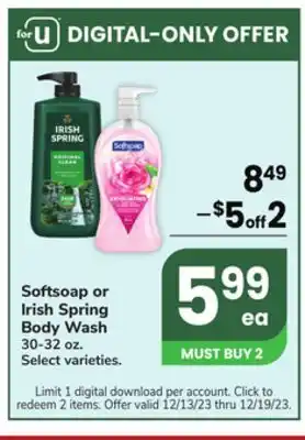 Jewel-Osco Softsoap or irish spring body wash offer