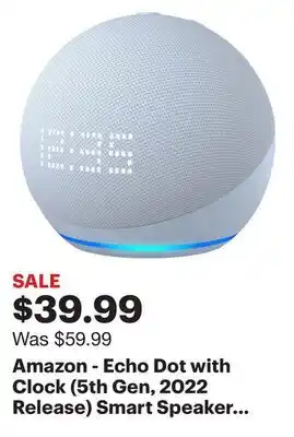 Best Buy Amazon - echo dot with clock (5th gen, 2022 release) smart speaker with alexa - cloud blue offer