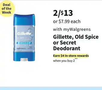 Walgreens Gillette, old spice or secret deodorant offer
