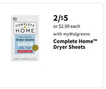 Walgreens Complete home dryer sheets offer