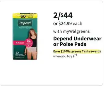 Walgreens Depend underwear or poise pads offer