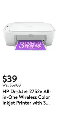 Walmart Hp deskjet 2752e all-in-one wireless color inkjet printer with 3 months free ink included with hp+ offer