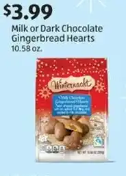 Aldi Milk or Dark Chocolate Gingerbread Hearts 10.58 oz. offer