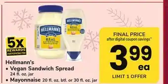 ACME Hellmann's vegan sandwich spread 24 fl. oz. jar, mayonnaise 20 fl. oz. btl. or 30 fl. oz. jar offer