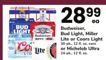 ACME Budweiser, bud light, miller lite or coors light 30-pk., 12 fl. oz. cans or michelob ultra 24-pk., 12 fl. oz offer