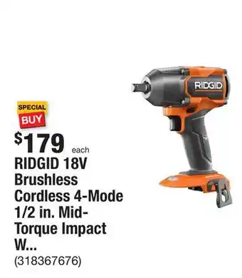 The Home Depot Ridgid 18v brushless cordless 4-mode 1/2 in. mid-torque impact wrench with friction ring (tool only) offer