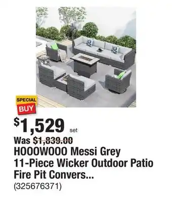 The Home Depot Hooowooo messi grey 11-piece wicker outdoor patio fire pit conversation sofa set with swivel rocking chairs and grey cushions offer