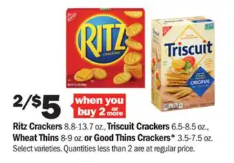Meijer Ritz crackers 8.8-13.7 oz., triscuit crackers 6.5-8.5 oz., wheat thins 8-9 oz. or good thins crackers* 3.5-7.5 oz offer