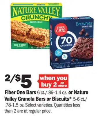 Meijer Fiber one bars 6 ct./.89-1.4 oz. or nature valley granola bars or biscuits* 5-6 ct./ .78-1.5 oz offer