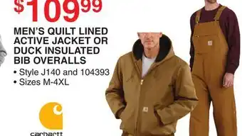 Dunham's Sports Carhartt men's quilt lined active jacket or duck insulated bib overalls offer