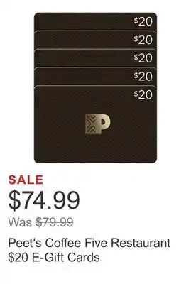 Costco Peet's coffee five restaurant $20 e-gift cards offer