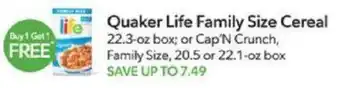 Publix Quaker Life Family Size Cereal offer