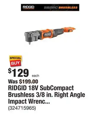 The Home Depot Ridgid 18v subcompact brushless 3/8 in. right angle impact wrench (tool only) offer