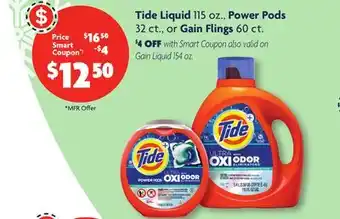 Family Dollar Tide liquid 115 oz., power pods 32 ct., or gain flings 60 ct offer
